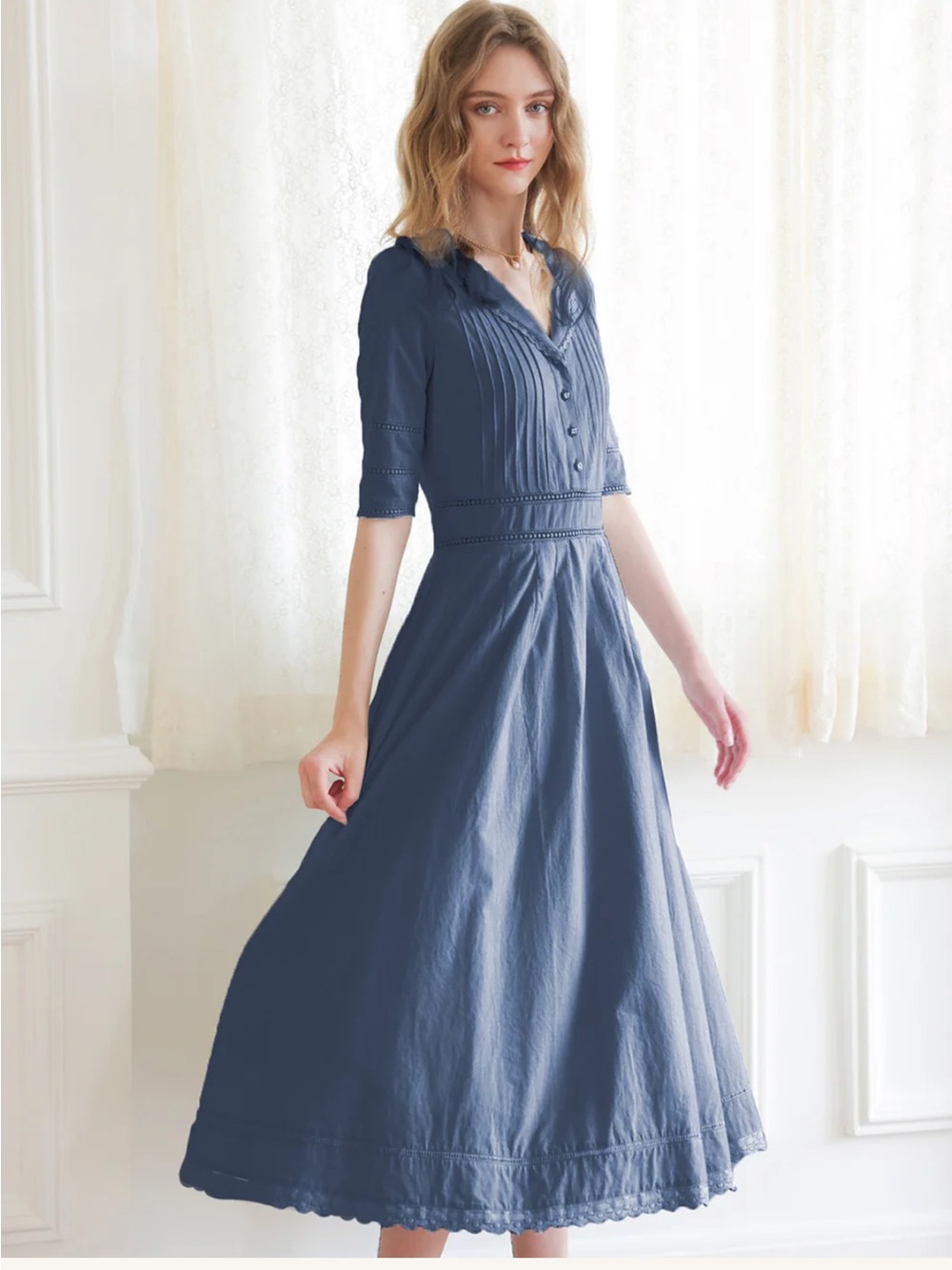 Simple Retro FIONA 100% COTTON DEMIN BLUE MIDI DRESS - Picture 3 of 5